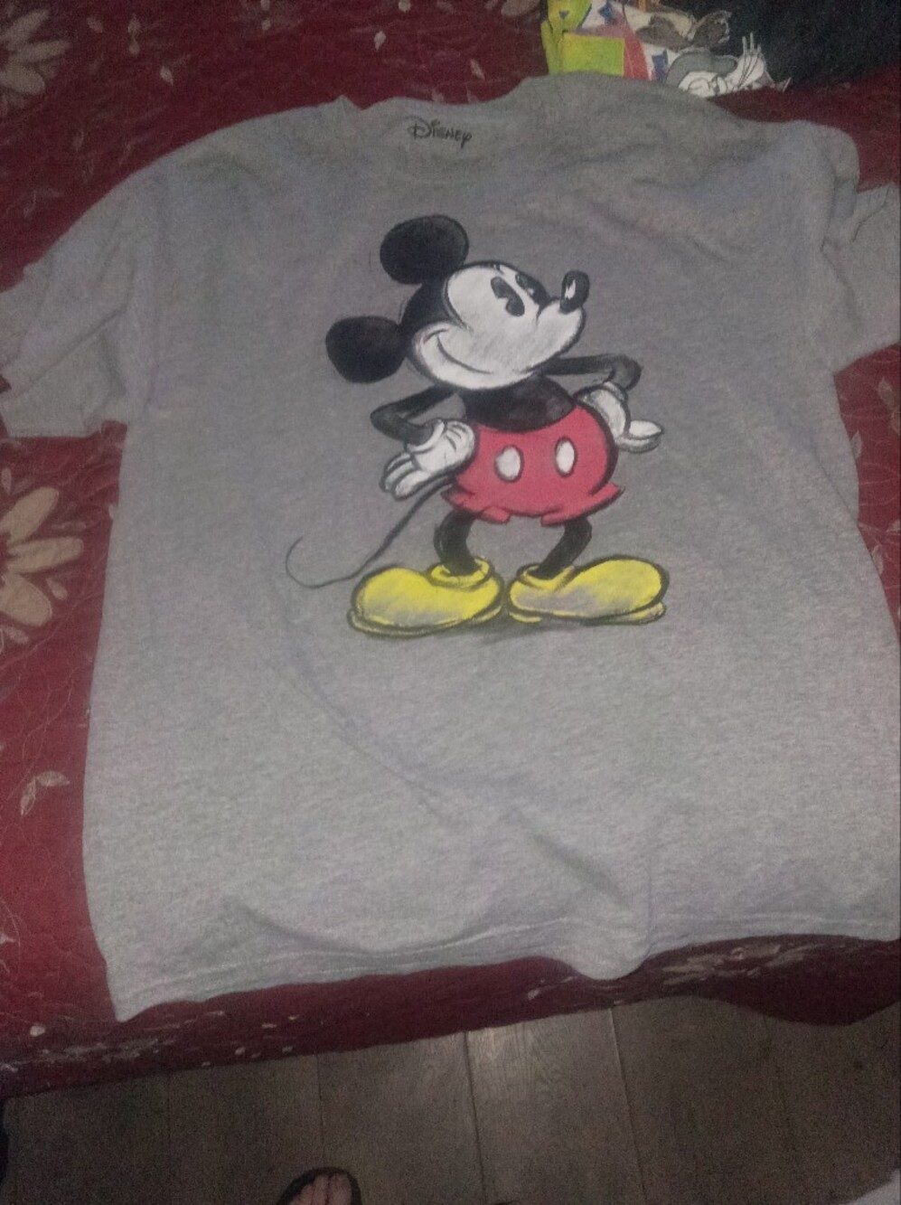Unisex Gray Mickey Mouse Graphic Tee with Red Shorts and Yellow Shoes